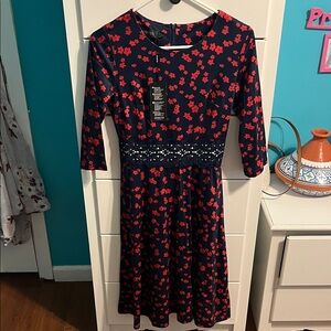 Floral Long Sleeve Dress - Navy and Red
